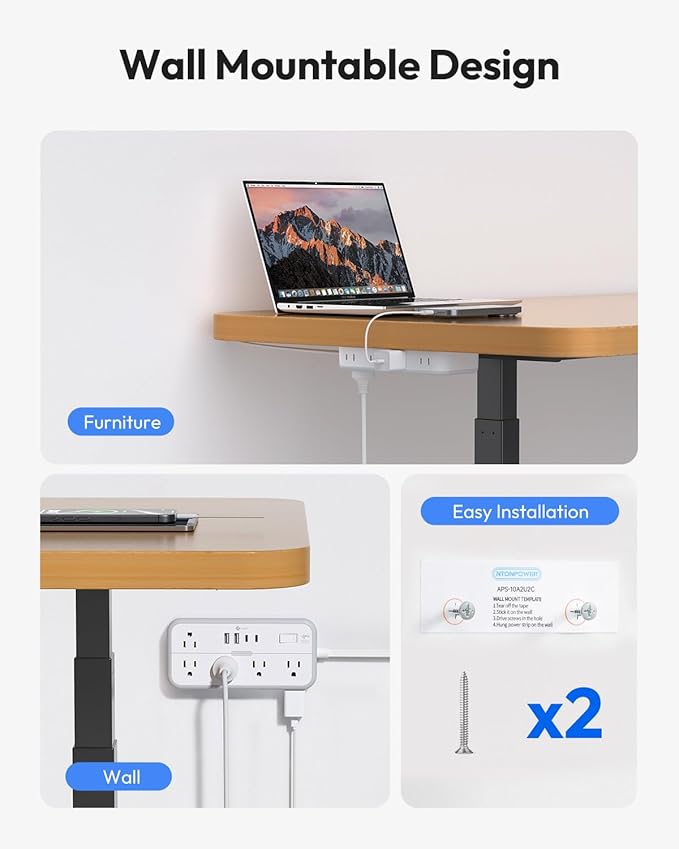 Flat Extension Cord 15 FT, NTONPOWER Surge Protector Power Strip with 10 Widely Outlets 4 USB Ports (2 USB C), 3 Side, Overload Protection, 2700J, Wall Mount, Multiple Outlets for Home Office, White