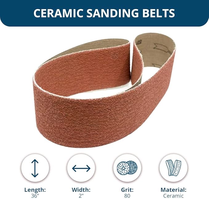 Benchmark Abrasives 2" x 36" Ceramic Sharpening Sanding Belts for Grinding Deburring Polishing Rust Removal on Metal, Stainless Steel, and Carbon Steel, Use with Belt Disc Sander (6 Pack) - 80 Grit