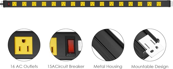 JUNNUJ Long Metal 16 Outlet Power Strip, Wide Spaced Garage Industrial Power Strip, Heavy Duty Power Strip with 10 FT Cord 15A, 125V, 1875W. Yellow