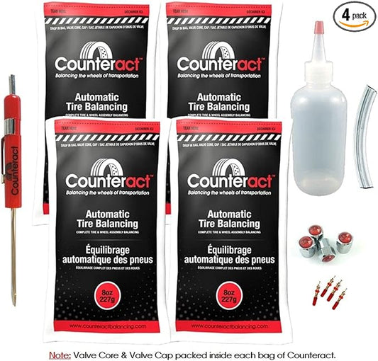Counteract DIYK-8 Do It Yourself Tire/Wheel Balancing Beads Kit - Off -Road, Light/Medium Duty Truck Tires, (4) 8oz DIY Bead Bags, (4) Valve Caps and Cores, (1) Core Remover, Injector Bottle