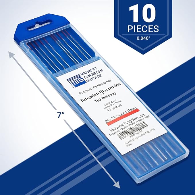 Midwest Tungsten Service TIG Welding Tungsten Electrodes 10-Pack (Red - 2% Thoriated (WT20/EWTh-2), 0.040")