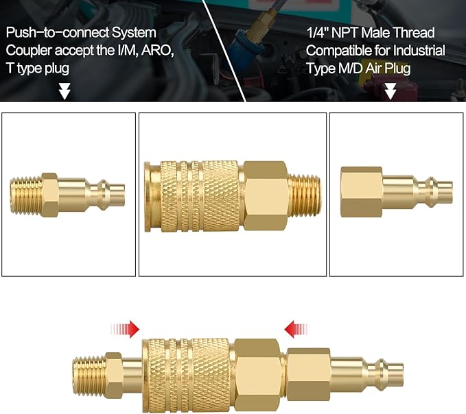 Air Coupler and Plug Kit, 5pcs Air Coupler and Plug Kit, 1/4 Inch NPT Industrial Brass Air Hose Fittings, Quick Connector Air Fittings for Automotive and Home (5pcs 1/4" NPT Coupler)