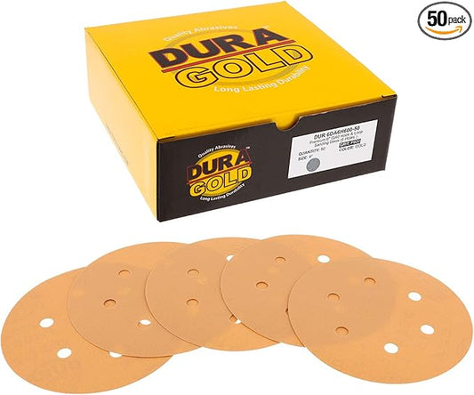 Dura-Gold Premium 600 Grit 6" Gold Sandpaper Discs, 6 Hole Pattern Dustless, Box of 50 - Hook & Loop Backing for DA Sander, Finishing Fine Cut Sanding Abrasive Automotive Paint, Woodworking Wood Metal