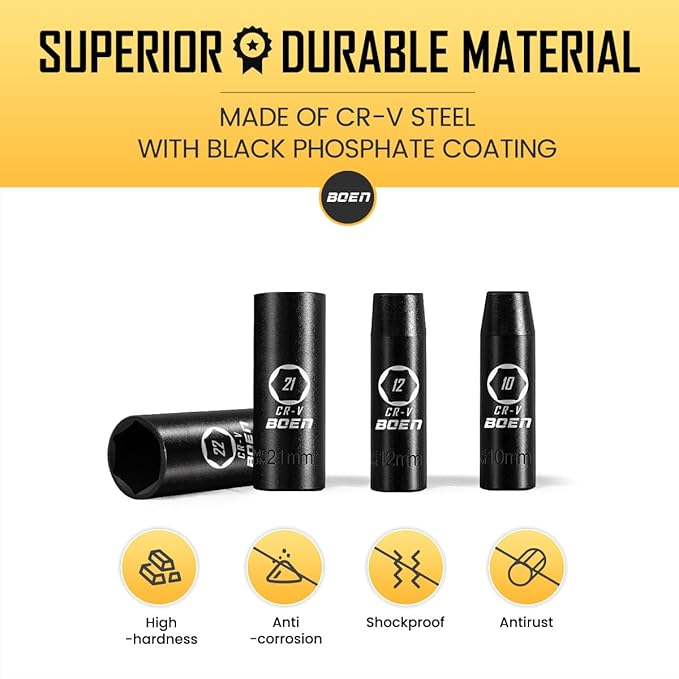 BOEN 1/2" Drive Deep Impact Socket Set, 11 Pieces Socket Set Metric 10-24mm, 6 Point Design, Cr-V Steel, Laser Marking, Durable Storage Case, Meets ANSI Standards