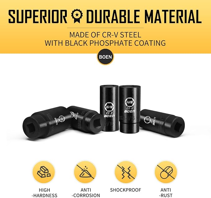 BOEN 19-Piece 1/2" Drive Deep Impact SAE Socket Set, 3/8"-1-1/4", Cr-V Steel, Extensions, Joint, Adapter - Meets ANSI