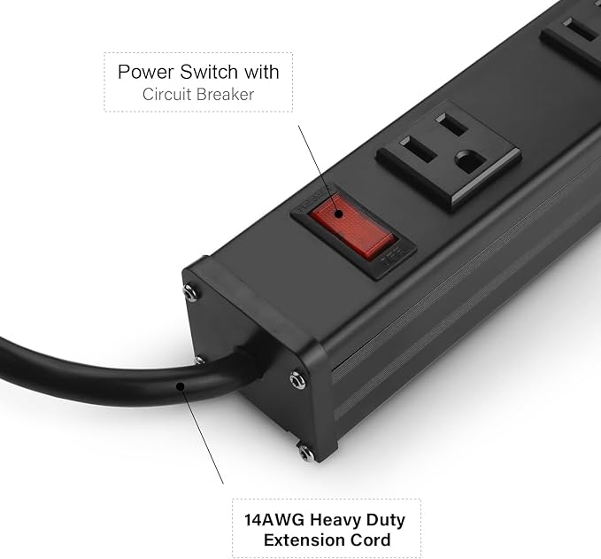 Long Heavy Duty Power Strip, 16 Outlet Large Metal Power Strip, Garage Workshop Multi Wide Industrial Power Strip. 6FT Cord 15A, 125V, 1875W (Black) (10FT, Black)