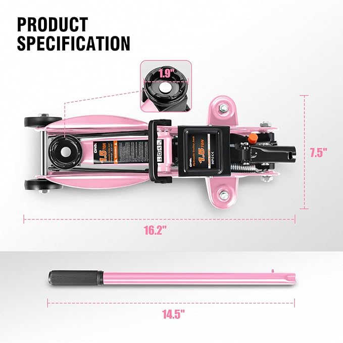 DNA MOTORING Low Profile Hydraulic Trolley Service/Floor Jack, 1.5 Ton (3000 lbs) Capacity, Lifting Range 5.3"-12", Pink, TOOLS-00327-PK