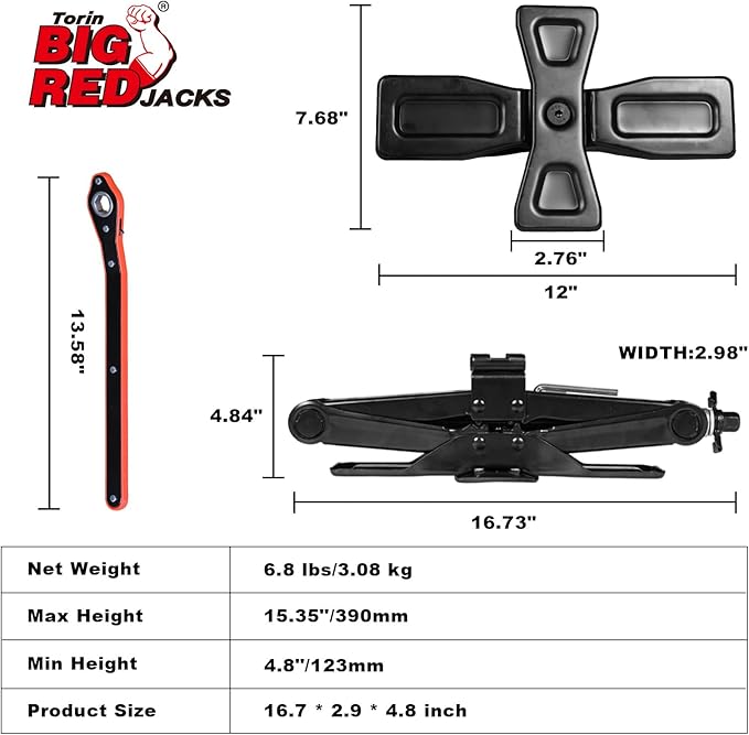 BIG RED AST10202SR Torin Wide Base Cross Car Scissor Jack: Steel Portable Quick Lift Tire Jacks Include Ratchet Wrench for Car, Truck, Sedans and MPV, 1.5 Ton (3,000 lbs) Capacity, Black