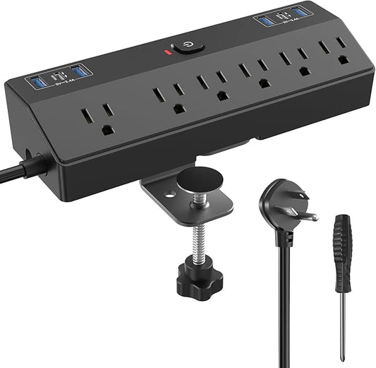 40W Fast Charging Desk Clamp Power Strip 2 PD USB C Desk Charging Station,10FT Desk Extension Cord Flat Plug with 6 AC/6 USB,Fararaka Removable Desk Surge Protector Power Strip Fits 1.8" Tabletop Edge
