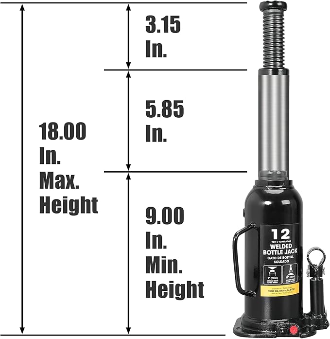 BIG RED AT91203BR Hydraulic Welded Bottle Jack, 12 Ton (24,000 lb) Capacity - Black