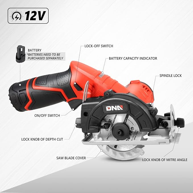 DNA MOTORING TOOLS-00174 12V Compact Cordless Circular Saw with 85mm 20T Blade and Hex Key, Adjustable Cutting Depth/Angle, Red (Tool Only)