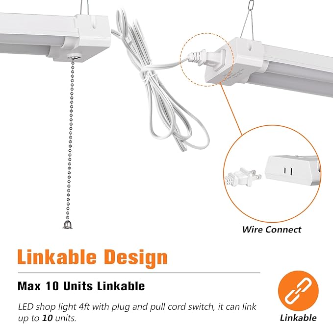 4FT Linkable 42W 4800LM 5000K LED Ceiling Lights for Garages, Pull Chain ON/Off, Linear Work Light Fixture with Plug, 2 Pack