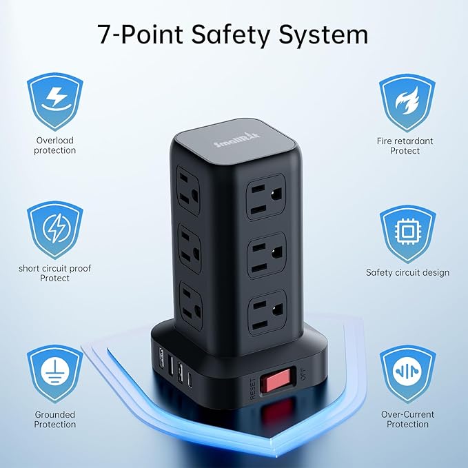 PD20W Surge Protector Power Strip Tower, 10FT Extension Cord with Multiple Outlets, 12 AC 4 USB (1 USB C)，Mini Power Strip with USB Ports, Surge Protector Tower Overload Protection for Office, Desk