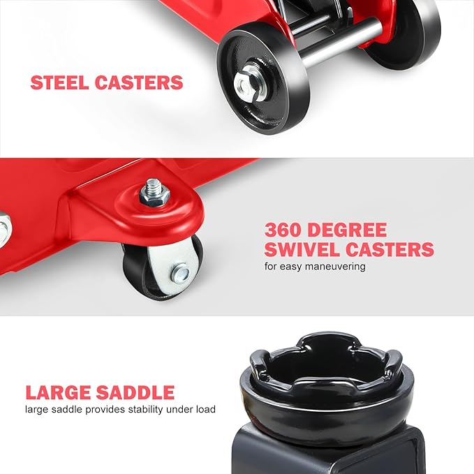 DNA MOTORING Low Profile Hydraulic Trolley Service/Floor Jack, 1.5 Ton (3000 lbs) Capacity, Lifting Range 5.3"-12",Red,TOOLS-00326