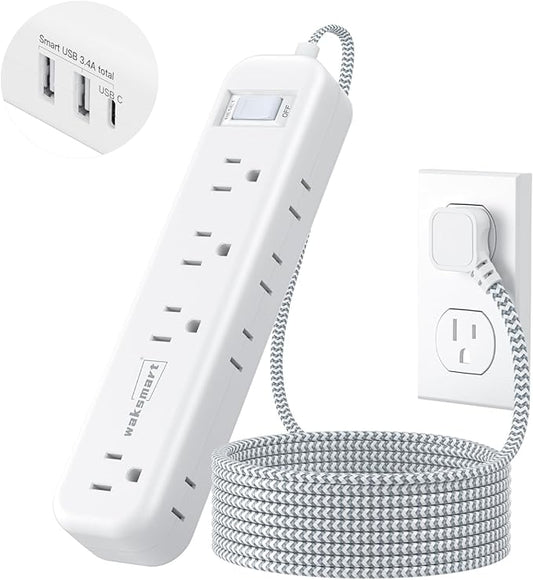 Surge Protector Power Strip - 5 FT Flat Extension Cord with Multiple Outlets Ultra Thin Flat Plug, 8 AC Outlets 3 USB Fast Charging (5V/3.4A 17W) 1080 Joules Wall Mount for Home Office College Dorm