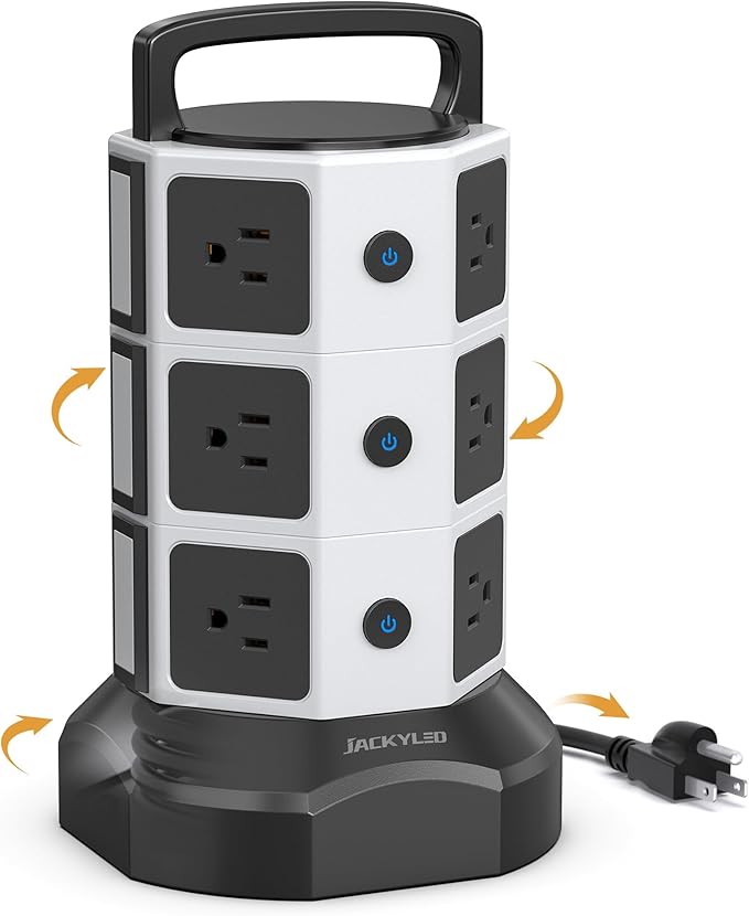 Power Strip Tower Surge Protector, JACKYLED 12 Outlets 6 USB (2 USB C) Charging Station, Extension Cord with Multiple Outlets, 1050J 1625W/13A Outlet Extender 6.5ft Extension Cord for Home Office