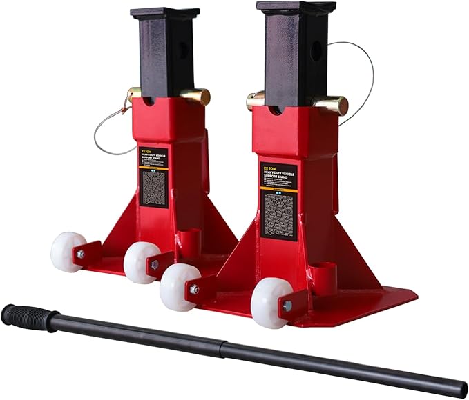 BIG RED ATZ220006P Torin Heavy Duty Jack Stands: Pin Style Jack Stand with 2 Casters and Handle, Easily Portable Car Stand for Car SUV, Truck and Pick Up, 22 Ton (44,000 lb) Capacity, Red
