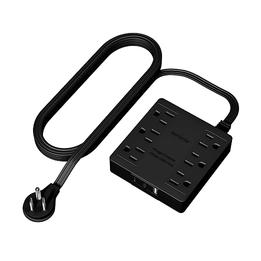 LIDER Outlet Extender with 6 Receptacles, USB-A and 2 USB-C, Ultra-Thin Flat-Plug with Cord Extender, 6-Outlet Power Strip, Slim Angled Design, Surge Protector, 480 Joules, 5ft Cord, Black