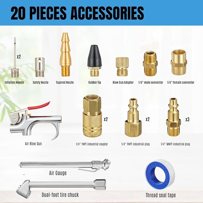 1/4'' Quick-connect Air Accessory Kit - Pneumatic Air Compressor Hose Tool Set Including 25ft. Coiled Hose, Blow Gun, Tire Gauge, Air Nozzle, Air Compressor Accessories for Air Inflation and Dedusting