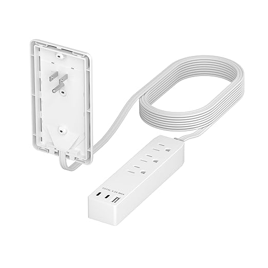 LIDER Outlet Extender with 3 Receptacles, 21W USB Type-A, and 2 USB Type-C, USB Port, Ultra-Thin Wall Plate Plug with Cord Extender, 3-Outlet Power Strip, Flat-Face, Slim Design, 8ft Cord, White