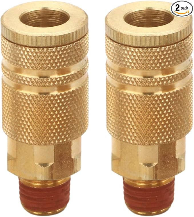 1/4 Inch Brass Male Industrial Coupler, 2 Pack Air Hose Fittings NPT Male Quick Connector Air Coupler with sealant for Professional Jobsites and Automotive Shops