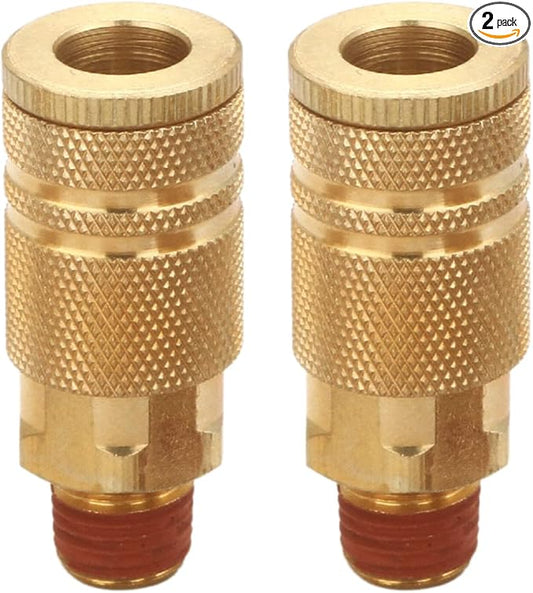1/4 Inch Brass Male Industrial Coupler, 2 Pack Air Hose Fittings NPT Male Quick Connector Air Coupler with sealant for Professional Jobsites and Automotive Shops