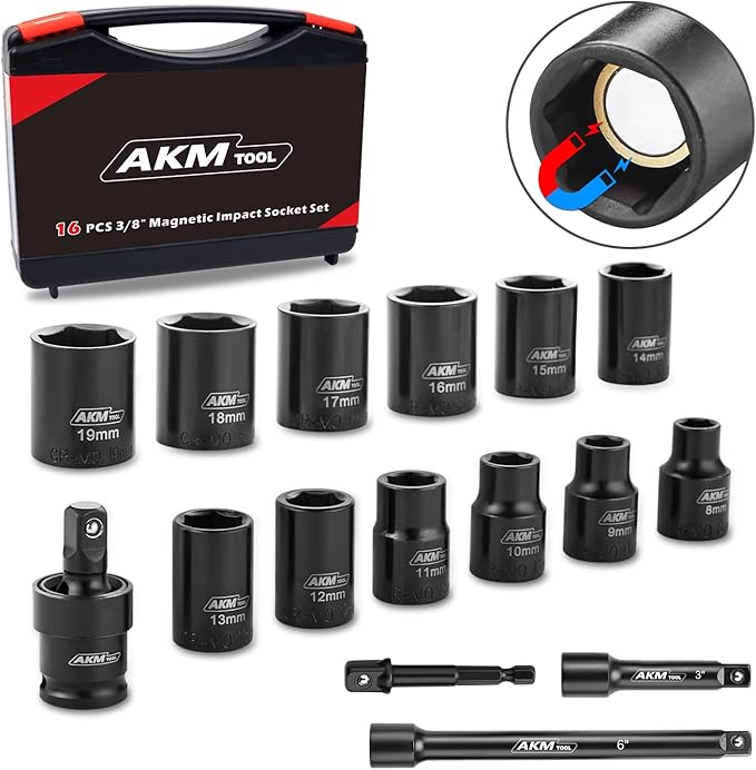 3/8 Inch Drive Magnetic Impact Socket Set, 16-Piece Metric, 8mm-19mm, 6 Point, Cr-Mo, Square Drive, Magnetic Socket with Drill Bit Adapter, Universal Joint & Extension
