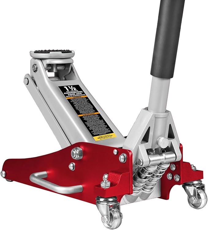 BIG RED AT815016LR Torin Hydraulic Low Profile Aluminum and Steel Racing Floor Jack with Dual Piston Quick Lift Pump, 1.5 Ton (3,000 lb) Capacity, Red