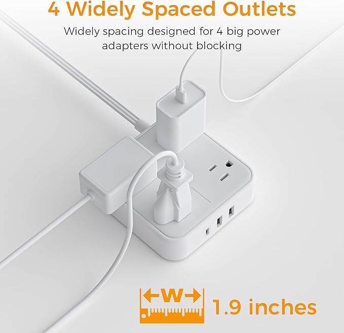 Extension Cord 10 ft, TESSAN Surge Protector Power Strip Long Cord with 3 USB(1 USB C), Flat Plug with 4 AC Outlets, Small Desktop Multiple Charging Station for Home School Dorm Room Office, Grey