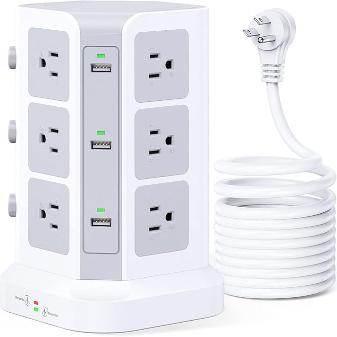 Surge Protector Power Strip Tower, KOOSLA 16.4 FT Extra Long Cord Flat Plug - [15A 1500J] Heavy-Duty 12 Widely Multiple Outlets & 6 USB Charging Station for Home, Office, Dorm White