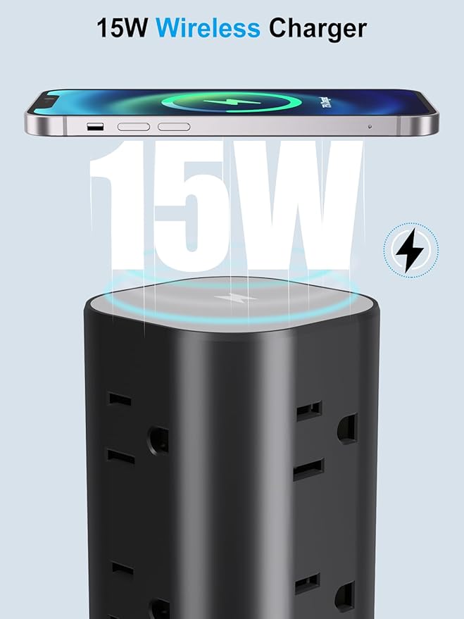 Power Strip Tower with Wireless Charger, Flat Plug Surge Protector Tower with 6FT Extension Cord, 12 AC Multiple Outlets, 4 USB (2 USB C),15W Wireless Charging Power Tower for Home Office Dorm, Black