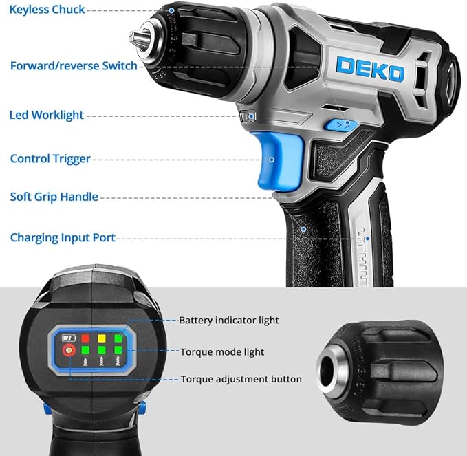 DEKOPRO 8V Cordless Drill, Drill Set with 3/8"Keyless Chuck, Built-in LED, Type-C Charge Cable, 42pcs Acessories, Power Drill for Drilling and Tightening/Loosening Screws