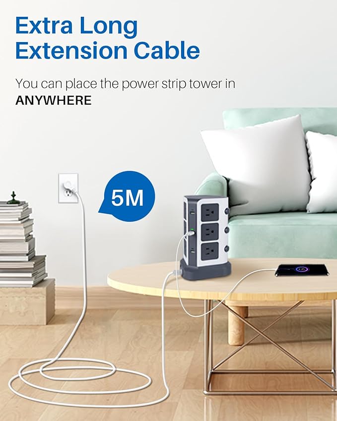 KOOSLA Power Strip Tower with 2 USB C, 1500J Surge Protector with 12 Outlets& 5 USB(1875W/15A), 16.4 ft Extension Cord with Multiple Outlets, Office Desk Supplies, Dorm Room Essentials, Gray