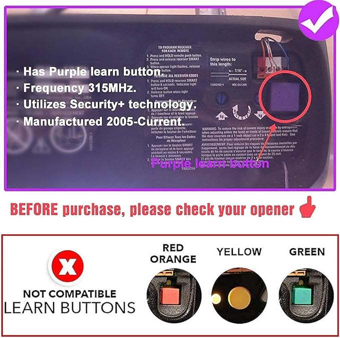 Garage Door Remote Control ONLY Compatible Chamberlain LiftMaster Craftsman etc Opener has Purple Learn Button with Security+ 315MHz, Works with Garage Opener ONLY has Purple Learn Button 2 Pack