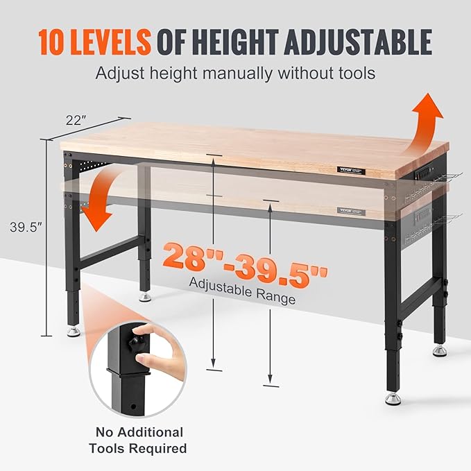 VEVOR Adjustable Workbench, 60" L x 22" W, 28"-39.5" Heights, 2000 lbs Load Capacity, Garage Worktable with Universal Wheels, Power Outlets & Hardwood Top & Storage & Foot Pads, for Office & Home