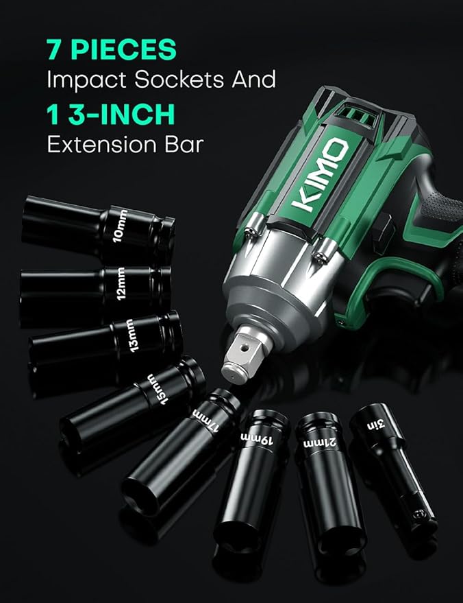 KIMO Impact Wrench 1/2 Cordless,550N.m/406ft-lbs Max Torque & 3000RPM, 2x20V 3.0Ah Battery, Impact Gun with 7 Drive Impact Sockets, 3 Inch Extension Bar, 1 Hour Fast Charger Impact Drill for Car Tires