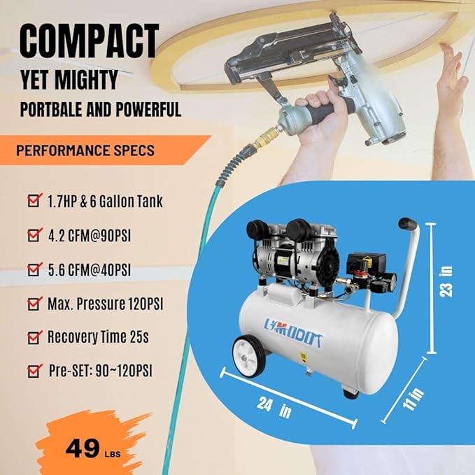 Air Compressor, Quiet Air Compressor, Only 68dB, 6 Gallon Durable Steel Air Tank, High Flow 4.2CFM @ 90PSI, Oil Free, Ideal For Auto Repair, Tire Inflation, Woodwork Nailing, Pneumatic Tool, 1.7 HP