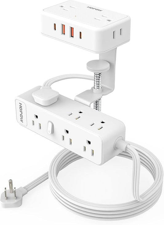 Dual Layer Desk Clamp Power Strip, White Desktop Edge Mount Charging Station with 13 Outlets 4 USB Ports (2 USB C), Under Desk Surge Protector(1700 Joules), 10 Ft Extension Cord for Office