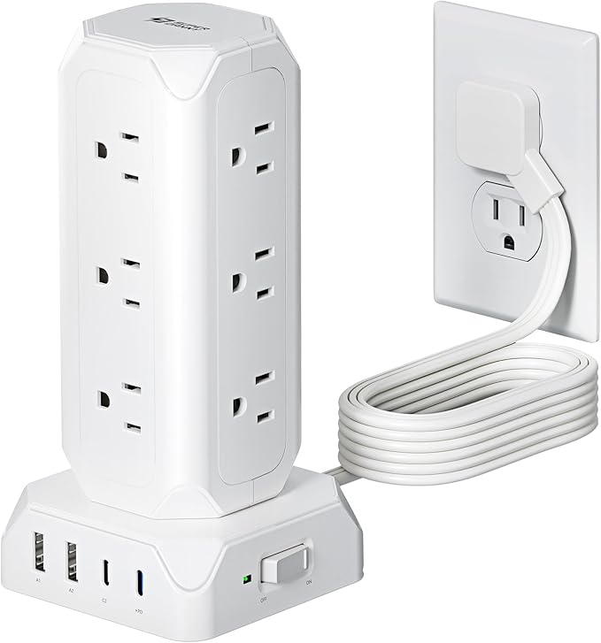 Flat Plug Power Strip Tower, SUPERDANNY 12 Outlets with 35W USB(2 USB-A & 2 USB-C) Charging Station, 1625W/13A, 1700J Surge Protector, 10FT Extension Cord with Multiple Outlets for Home, Office, Dorm