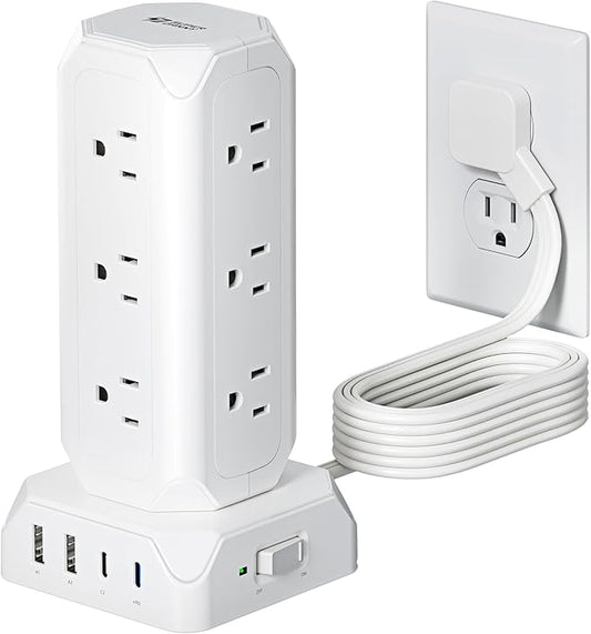 Flat Plug Power Strip Tower, SUPERDANNY 12 Outlets with 35W USB(2 USB-A & 2 USB-C) Charging Station, 1625W/13A, 1700J Surge Protector, 10FT Extension Cord with Multiple Outlets for Home, Office, Dorm
