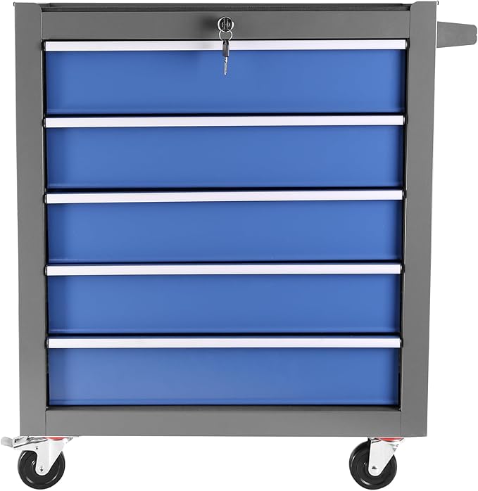 5 Drawers Rolling Tool Chest on Wheels with Keyed Locking System & Drawer Liners Tool Chest with Link Buckle and can be Combined to Large Cabinet Set for Warehouse & Garage,Blue+Grey