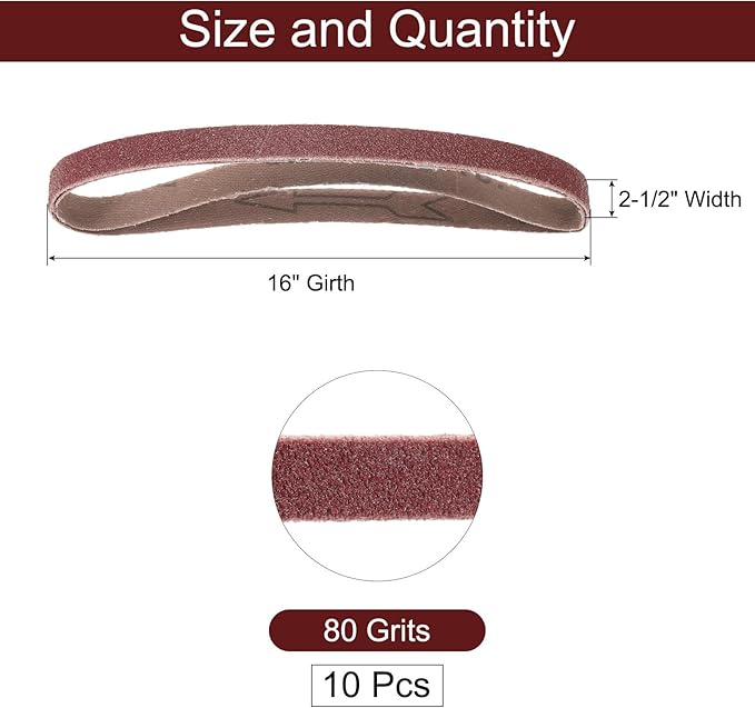 uxcell 10pcs 2-1/2" x 16" Sanding Belts 80 Grits Aluminum Oxide Abrasive Belt Sander Paper Sanding Papers for Metal Wood Grinding Polishing, Reddish Brown