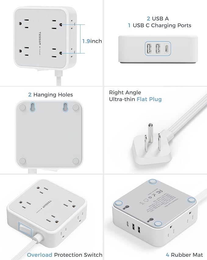 Surge Protector Flat Extension Cord Flat Plug Power Strip, 8 AC Outlets, 3 USB Charger(1 USB C Port) 3-Sided Outlet Extender, 5 Ft, 900 Joules Protection, Office Supplies, Dorm Room Essentials, Grey