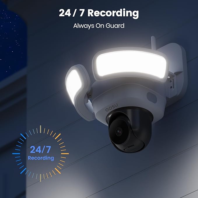 AOSU Floodlight Camera Wired, 3K UHD Security Camera Outdoor, 360° Coverage Surveillance, 24/7 Recording, Motion Detection, 2600-Lumen Motion-Activated Floodlight, Color Night Vision, No Monthly Fee