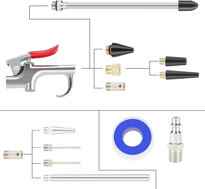 WYNNsky Air blow Gun Kit, 2PCS Air Flow Extensions, 4PCS Nozzle Tip, 13PCS Air Compressor Accessories Kit