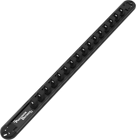 Precision Defined Aluminum Tool Socket Holder | Black, Single 3/8-Inch Socket Organizer x 16 Clips | Heavy Duty Socket Rails Organizer, Socket Storage, Socket Tray 360 Rotation