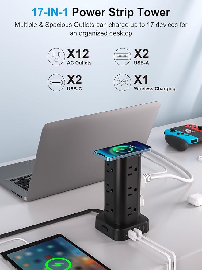 Power Strip Tower with Wireless Charger, Flat Plug Surge Protector Tower with 6FT Extension Cord, 12 AC Multiple Outlets, 4 USB (2 USB C),15W Wireless Charging Power Tower for Home Office Dorm, Black
