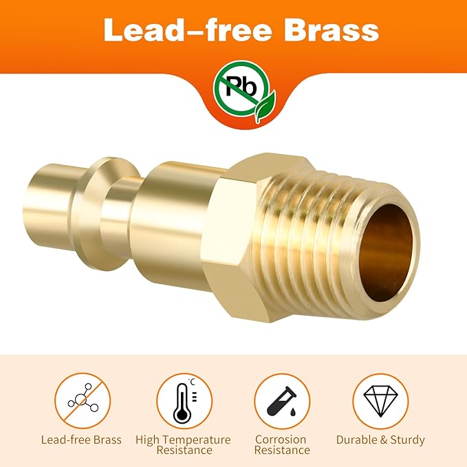 Air Coupler and Plug Kit, 10pcs Air Coupler and Plug Kit, 1/4 Inch NPT Industrial Brass Air Hose Fittings, Quick Connector Air Fittings for Automotive and Home (10pcs 1/4" MNPT Plug)