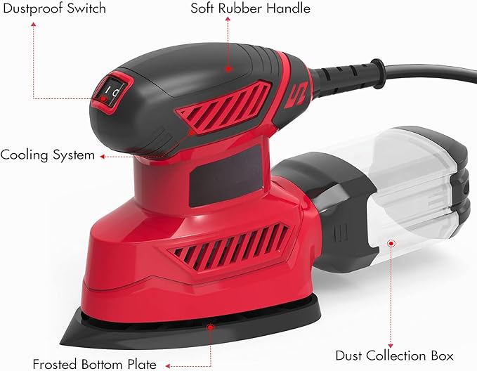 Detail Sander, 130W Compact Electric Sander, 14000 RPM, with 20PCS Sandpaper Mouse Sander, Hand Sanders with Multi-Function efficient Dust Box Collection System, Suitable for Sanding, Polishing, etc.