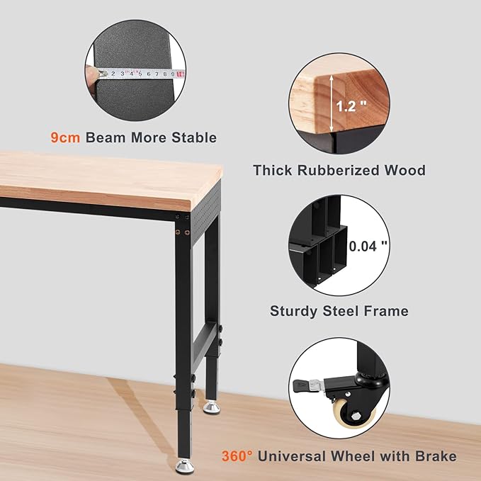 VEVOR Adjustable Workbench, 60" L x 22" W, 28"-39.5" Heights, 2000 lbs Load Capacity, Garage Worktable with Universal Wheels, Power Outlets & Hardwood Top & Storage & Foot Pads, for Office & Home